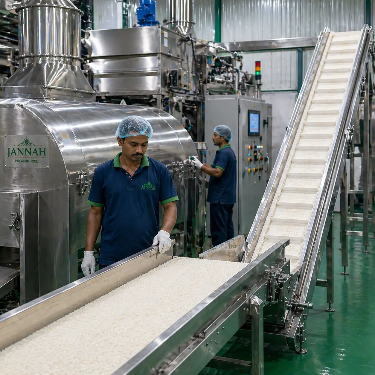 Modern rice processing facility with advanced sorting and packaging systems